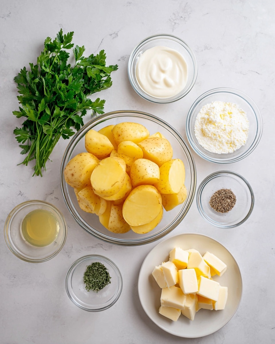 A clear glass bowl filled with peeled, cut yellow potatoes sits in the center on a white marbled surface. Surrounding it are six smaller clear glass bowls containing a white creamy ingredient, a light yellow liquid, granulated garlic powder, chopped garlic, salt, and black pepper. A small white plate holds several light yellow butter cubes. Fresh green parsley leaves are placed on the left side. The items are arranged with clean spacing and clear visibility of textures and colors. Photo taken with an iphone --ar 4:5 --v 7