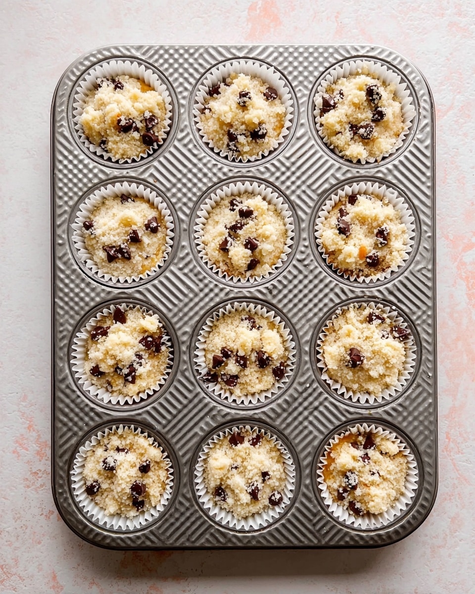 A metal muffin pan with twelve cups filled with batter topped with small clumps of light beige crumbly dough and scattered dark brown chocolate chips. The pan is placed on a white marbled surface with soft pink tones, and the muffin cups have white paper liners inside them, contrasting with the shiny textured surface of the metal pan. The crumbly topping looks uneven and slightly coarse, and each cup is filled nearly to the top with the same arrangement. photo taken with an iphone --ar 4:5 --v 7