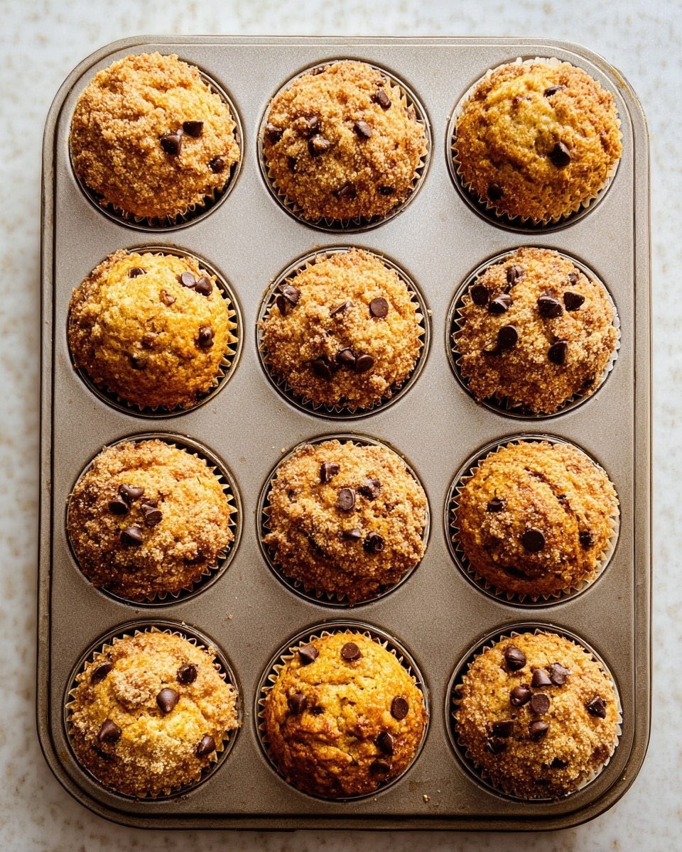 Twelve golden brown muffins are shown in a metal muffin pan with visible round cups. Each muffin has a rough, crumbly texture on top with a crunchy sugar layer. Some muffins are topped with dark chocolate chips scattered unevenly on their surface, while others have a plain crumb topping. The muffins rise slightly above the edges of the pan cups. The pan sits on a white marbled surface. Photo taken with an iphone --ar 4:5 --v 7