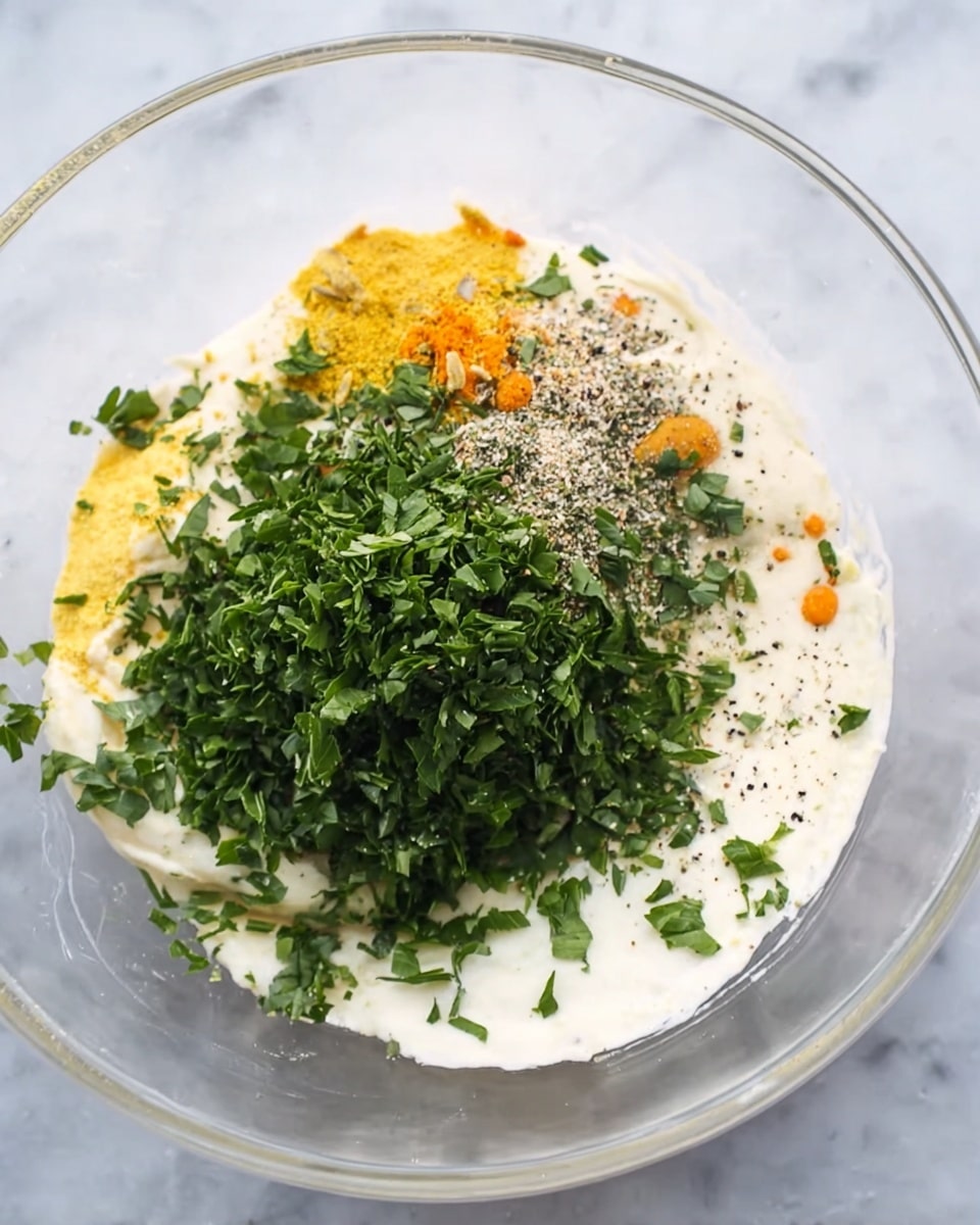 In a clear bowl on a white marbled surface, there are several layers of ingredients: the bottom layer is creamy and white, topped with a yellow powder and small orange bits, sprinkled with black pepper. On top of all this, a generous pile of finely chopped fresh green herbs covers almost half the bowl, creating a contrast of colors and textures. photo taken with an iphone --ar 4:5 --v 7