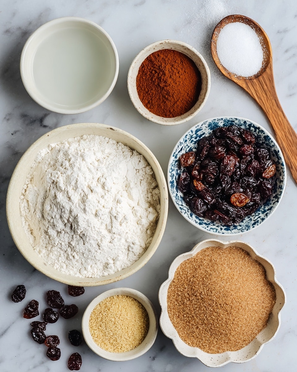 The image shows six containers of baking ingredients arranged on a white marbled surface. In the bottom left, there is a large bowl filled with white flour that has a soft, powdery texture. Above it to the left, there is a white bowl with water filled almost to the top. To the right of the water bowl is a small round bowl filled with reddish-brown cinnamon powder with a fine, crumbly texture. In the center right, there is a white bowl with blue spots holding dark raisins of different shades from deep purple to brown. Below the raisins is a small bowl with light tan yeast granules. To the right of the yeast bowl, there is a scalloped white bowl with brown sugar, showing a moist, grainy look. At the top right corner of the image, there is a light wooden spoon filled with white granulated salt. A few raisins are scattered loosely on the surface around the bowls. Photo taken with an iphone --ar 4:5 --v 7