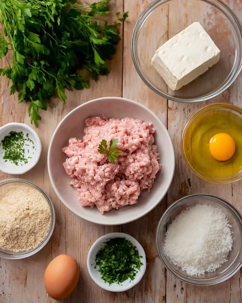 A white bowl filled with pale pink ground meat garnished with a small green parsley sprig sits on a wooden surface. To the right, a small white bowl holds a bright yellow egg yolk, next to a clear glass bowl with a large white block of tofu soaking in olive oil. Below are a small clear glass bowl of cooked white rice and another smaller clear bowl with green herbs. On the lower left, a bunch of fresh green parsley rests beside a white bowl filled with light brown breadcrumbs. Near the bottom right, two more small white bowls hold coarse white salt and grated white cheese. A single uncracked brown egg lies on the surface near the parsley. The table is replaced with a white marbled texture. photo taken with an iphone --ar 4:5 --v 7