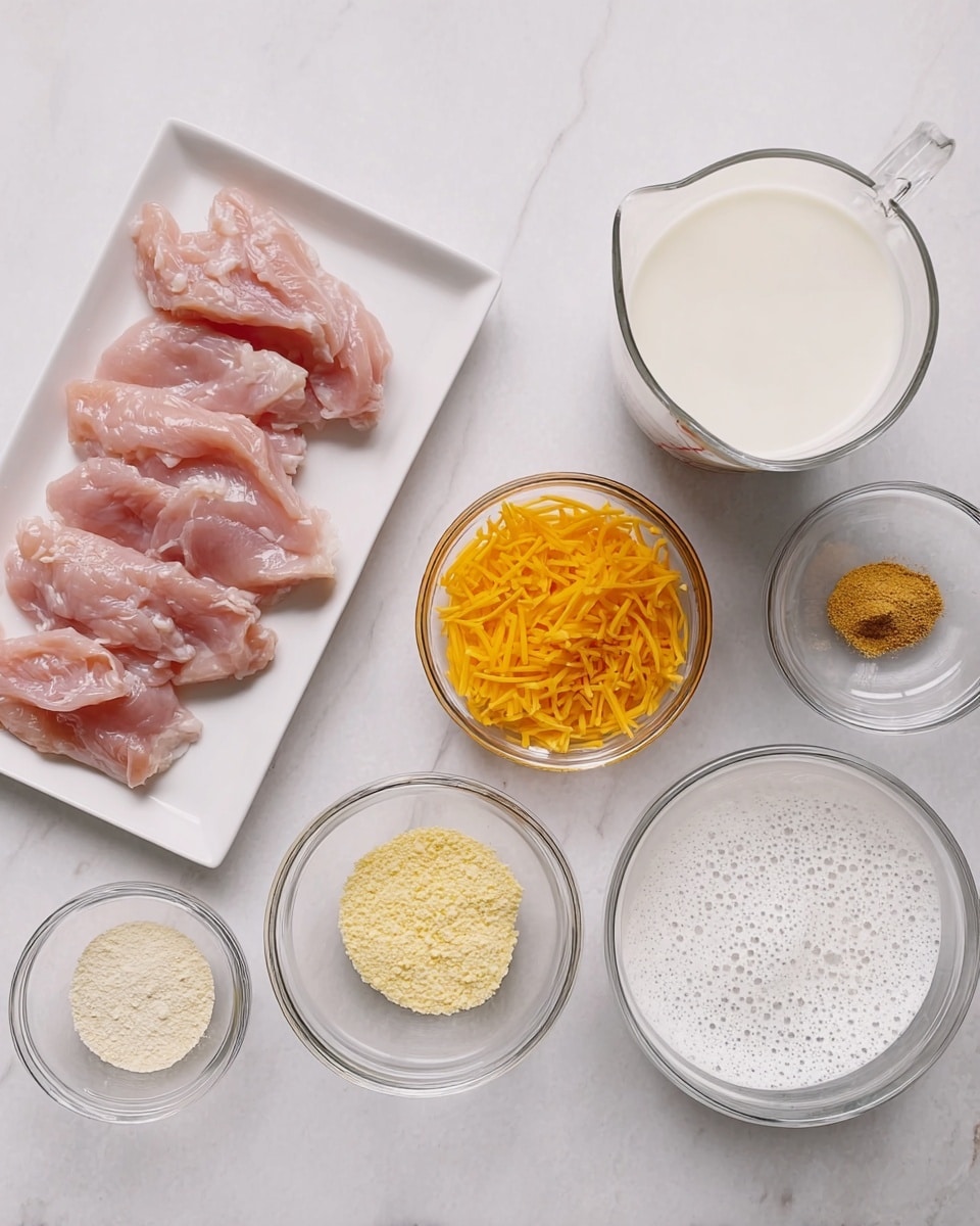 This image shows a top view of cooking ingredients placed on a white marbled surface. On the left, there is a white rectangular plate holding raw pink chicken strips arranged neatly. To the right of the plate, there is a clear glass measuring cup filled with a white liquid, likely cream or milk. Nearby, there are small clear glass bowls holding different ingredients: one with bright orange shredded cheese, one with light yellow shredded cheese, one with a pale yellow powder, one with a darker powder, and a larger bowl containing a white liquid with bubbles on the surface. All ingredients are spaced evenly, creating a clean and organized workspace. Photo taken with an iphone --ar 4:5 --v 7
