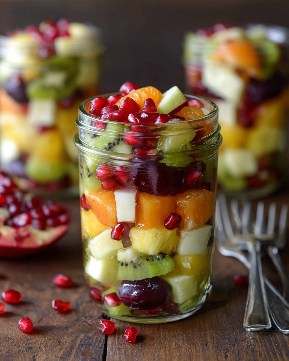 This image shows a clear glass jar filled with colorful fruit pieces layered closely together. From bottom to top, there are bright orange chunks, then light yellow-green slices, followed by red apple cubes, green kiwi slices, dark purple grapes, more light-colored fruit pieces, and topped with bright red pomegranate seeds. The jar is placed on a wooden surface with scattered pomegranate seeds nearby, and there are two blurred jars of similar fruit salad in the background. A silver fork lies on the wood to the right side. photo taken with an iphone --ar 4:5 --v 7