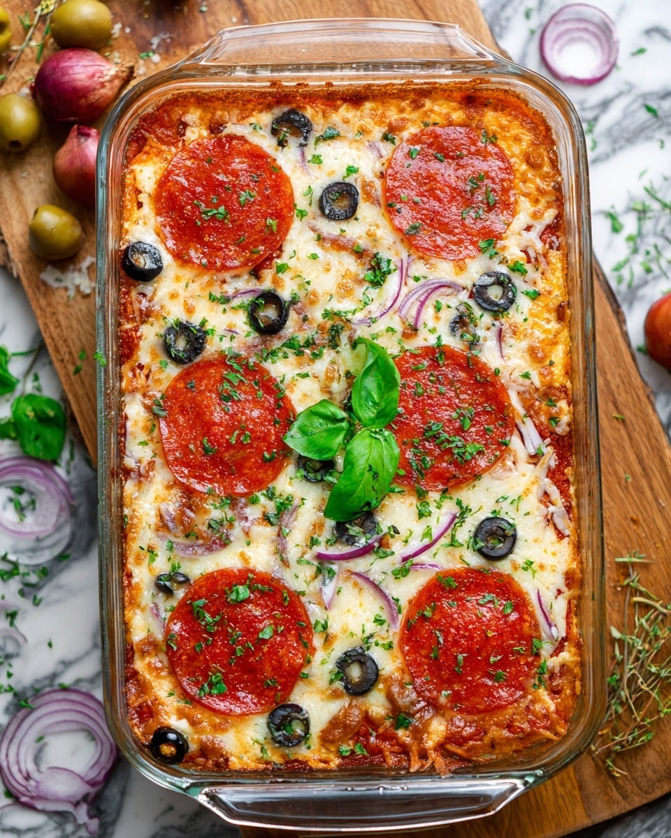 The dish is a rectangular layered casserole in a clear glass baking dish. The bottom layer is a golden-brown crust, topped with a thick white melted cheese layer that looks smooth and creamy. On top of this cheese, there are five large bright red pepperoni slices evenly placed, dotted with small black olive pieces and thin rings of purple onion. The whole dish is sprinkled with finely chopped green herbs, and two fresh green leaves rest in the center on the cheese. The baking dish is on a wooden surface with scattered onion slices, olives, and herbs around it, all on a white marbled texture. Photo taken with an iphone --ar 4:5 --v 7