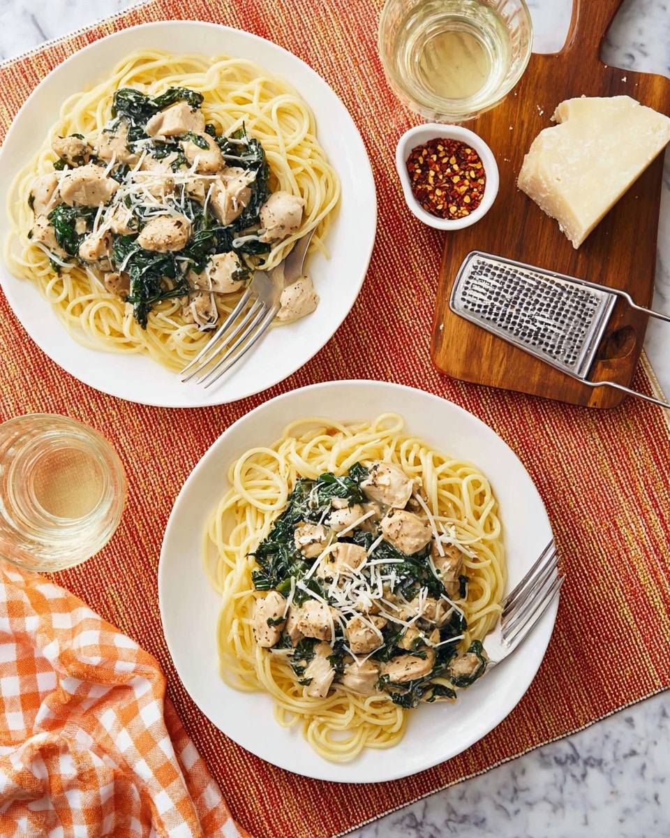 A silver pan filled with a creamy yellow sauce containing chunks of light beige chicken and dark green spinach leaves is shown from above. The sauce has a smooth texture with small red pepper flakes scattered throughout. The pan is placed on a white marbled surface with an orange checkered cloth underneath. Around the pan are two filled clear glasses with a light yellow drink, a wooden spoon with a light brown handle, a small white bowl of red pepper flakes, and a small silver container with a spoon and white powder inside. Photo taken with an iphone --ar 4:5 --v 7