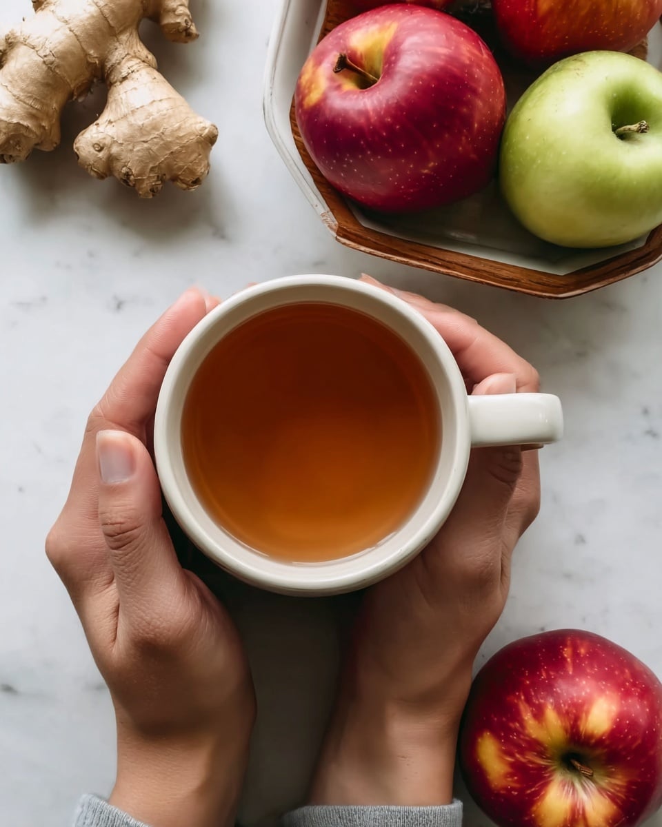 A close-up top view of a white mug filled with light brown tea held gently by both hands, resting on a white marbled surface. To the right side, there is a white bowl with a brown-orange wooden frame filled with two red apples and one green apple, and one red apple is placed directly on the surface next to the bowl. At the top left corner, there is a piece of fresh ginger root placed on the surface. The scene is bright and natural. photo taken with an iphone --ar 4:5 --v 7