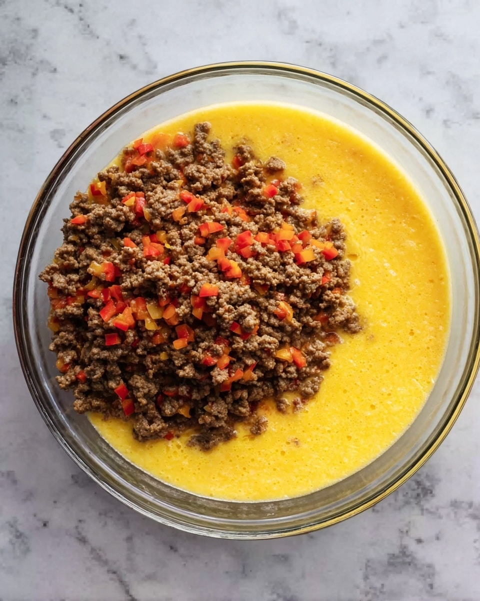 A clear glass bowl sits on a white marbled surface, filled with two main layers of food. The bottom layer is made of beaten eggs, bright yellow with a smooth, slightly foamy texture. The top layer is a generous mound of cooked ground beef mixed with small, diced pieces of red and orange peppers, creating a contrast of brown, red, and orange colors. The ingredients cover about half of the egg layer, leaving the other half visible. Photo taken with an iphone --ar 4:5 --v 7