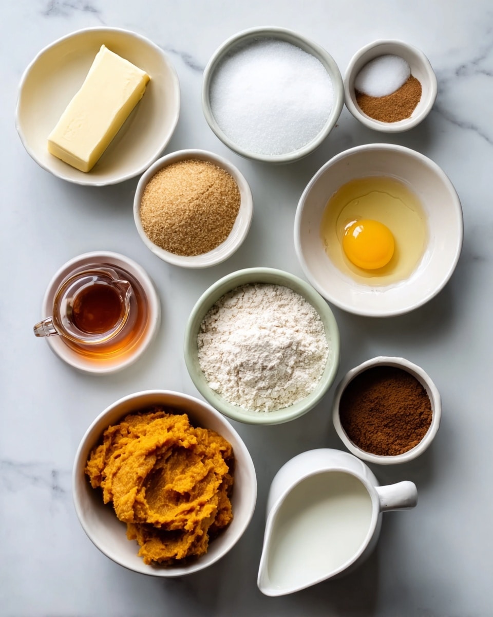 The image shows eleven small white bowls and a white creamer jug placed on a white marbled surface. The top left bowl holds a block of light yellow butter. To its right is a bowl filled with white granulated sugar. Next is a bowl with a raw egg, yellow yolk in clear egg white. Below the sugar are a mound of light brown granulated substance and a small clear glass pitcher with amber liquid, likely syrup. To the right of the pitcher is a bowl of orange mashed pumpkin. Below the butter bowl is a small container with white salt. To the right of that is a small white bowl filled with white flour. Below the flour is a white bowl with brown and white granules, and next to that is another bowl filled with dark brown powder, probably cinnamon. Finally, a white creamer jug with cream sits at bottom right. photo taken with an iphone --ar 4:5 --v 7
