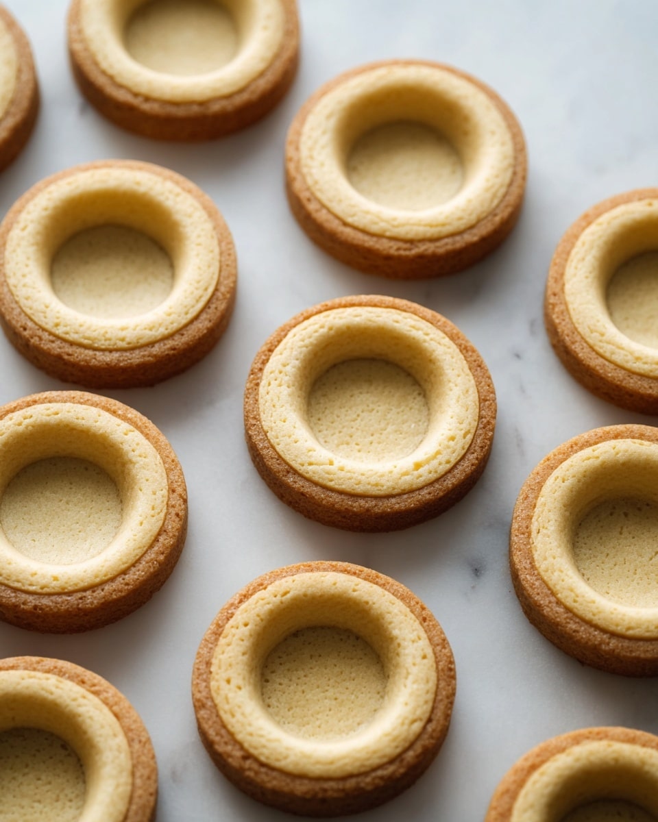 Multiple round cookie bases are arranged neatly on a white marbled surface. Each cookie has two layers: the bottom layer is golden brown and slightly thicker, while the top layer is lighter beige and forms a shallow, smooth-edged hollow in the center. The cookies are evenly spaced, showing their uniform size and shape, with soft lighting highlighting their texture. The overall image has a bright and clean look, focusing on the simple, baked goods. photo taken with an iphone --ar 4:5 --v 7