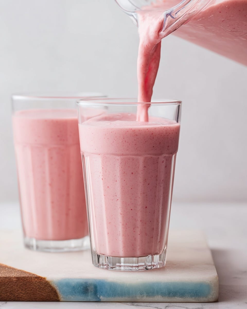A thick light pink smoothie is being poured from a clear container into a tall clear glass, almost filling it to the top; there is another identical glass filled with the same smoothie to the left, partially visible. The glasses have slight vertical ridges and sit on a white marbled surface with a wooden and blue resin board partially underneath. The background is clean and white, creating a fresh and simple look. Photo taken with an iphone --ar 4:5 --v 7