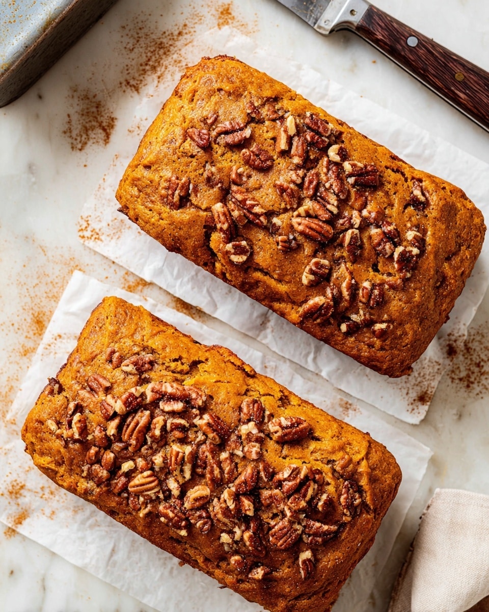 Two rectangular loaves of pumpkin bread sit side by side on white parchment paper placed on a white marbled surface. Each loaf has a warm orange-brown color, with a textured top sprinkled generously with chopped pecans. The edges of the bread look soft and moist, and there is a dusting of cinnamon powder around the loaves, adding a touch of spice. Nearby, the corner of a metal baking pan and the tip of a knife with a dark wooden handle are visible, suggesting fresh baking. Photo taken with an iphone --ar 4:5 --v 7