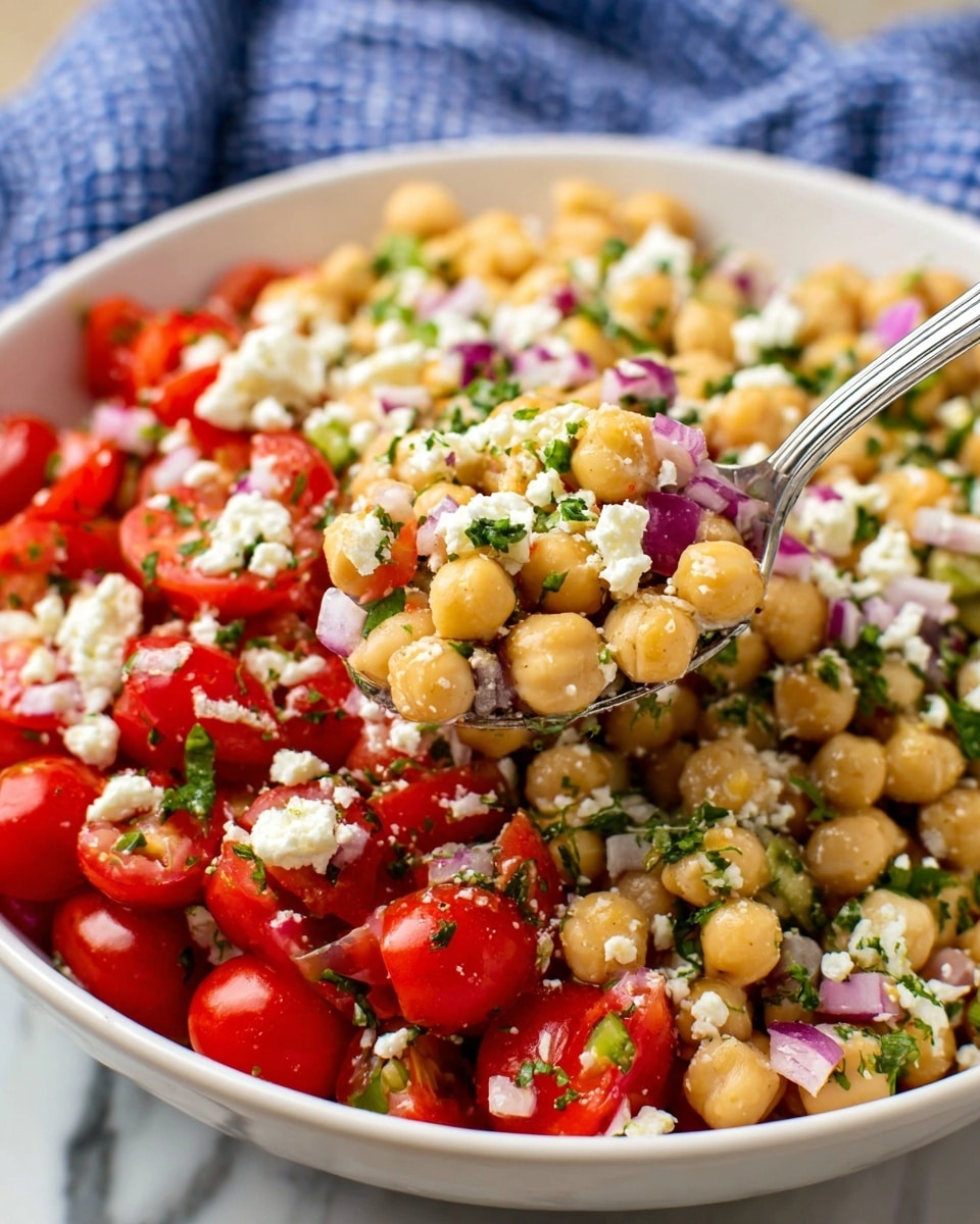 A close-up view of a white bowl filled with a colorful chickpea salad. The salad has three main layers mixed together: round, light beige chickpeas form the base; bright red halved cherry tomatoes are scattered evenly throughout; and small crumbly white cheese pieces are spread over the top. There are also pieces of green herbs and finely chopped red onions mixed in, adding more colors and texture. A silver spoon holds a scoop of the salad, showing these layers clearly. The bowl sits on a white marbled surface with a blue checkered cloth blurred in the background. Photo taken with an iphone --ar 4:5 --v 7