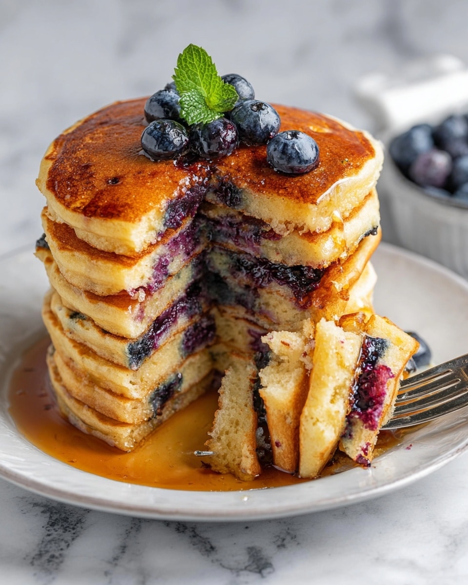 A stack of six thick golden-brown pancakes sits on a white plate with syrup pooling at the bottom, some syrup dripping lightly over the edges. The pancakes are fluffy and soft with a slightly crisp outside. Blueberries are scattered inside three of the middle layers, adding bursts of purple and deep blue colors with juicy texture. The top pancake has a few blueberries placed on it along with a small green mint leaf. A fork holds a piece of the stack showing the inside layers, with syrup shining on the surface. The plate is on a white marbled surface with a blurred bowl of blueberries in the background. photo taken with an iphone --ar 4:5 --v 7