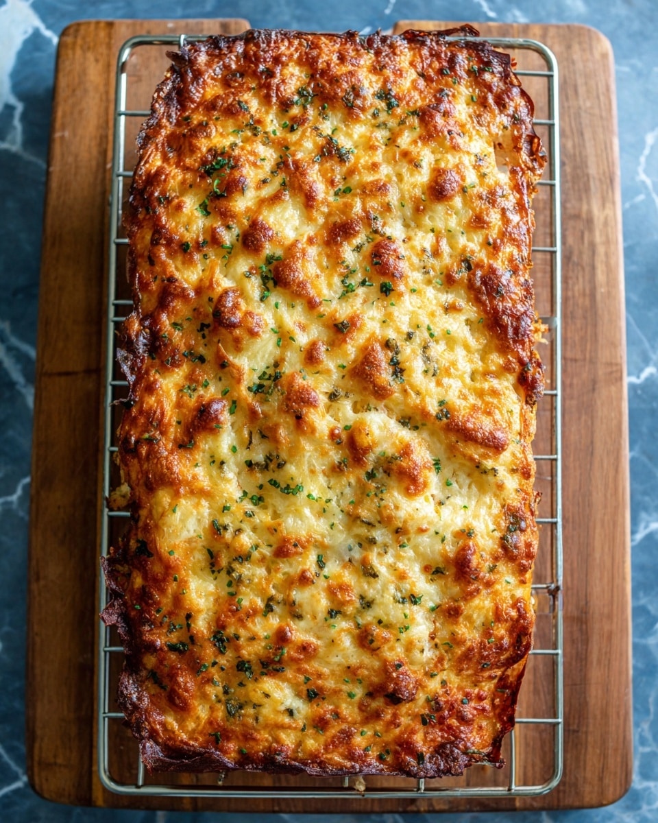 A tall, single-layer baked dish with a golden brown, bubbly top covered in melted cheese that is browned in places, giving a textured look. The surface is sprinkled with small green herb bits, adding specks of color. The edges show some cheese melting over, creating slight crispy crusts. The dish rests on a metal cooling rack placed on a wooden board, with a blue-grey surface underneath replaced by a white marbled texture. Photo taken with an iphone --ar 4:5 --v 7