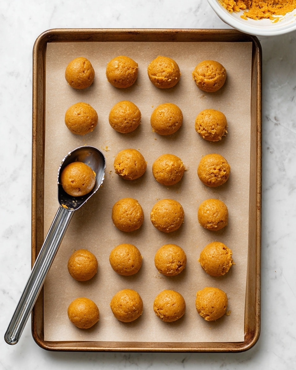 A baking tray lined with light brown parchment paper holds 24 round, orange cookie dough balls arranged in a grid of six rows and four columns. The dough balls have a smooth but slightly textured surface, with a shiny, moist look. A silver metal cookie scoop rests on the left side of the tray, holding one dough ball, as if just scooped. The tray is placed on a white marbled surface, and a white bowl with some more orange dough is partly visible at the top right corner. photo taken with an iphone --ar 4:5 --v 7