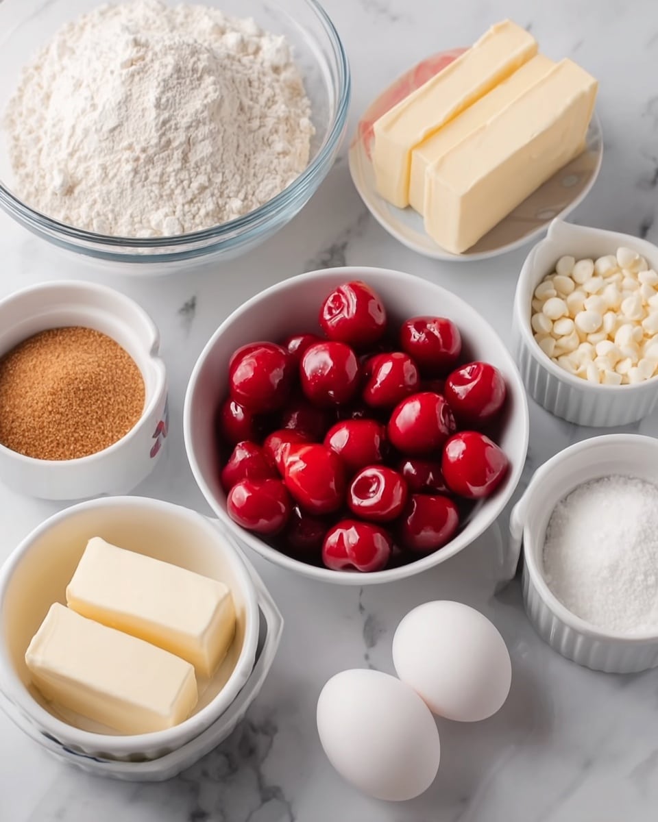 The image shows several white bowls and dishes on a white marbled surface, each holding a different baking ingredient. In the center, a white bowl is full of shiny, bright red cherries. Surrounding it are small white bowls containing light brown sugar, white granulated sugar, white chocolate chips, and a mix of salt and baking soda. There are also two whole white eggs placed on the marble surface and two sticks of pale yellow butter standing upright in one of the bowls. A clear glass bowl filled with white flour is also partly visible on the left side. The scene is bright and clean with all items neatly arranged. photo taken with an iphone --ar 4:5 --v 7