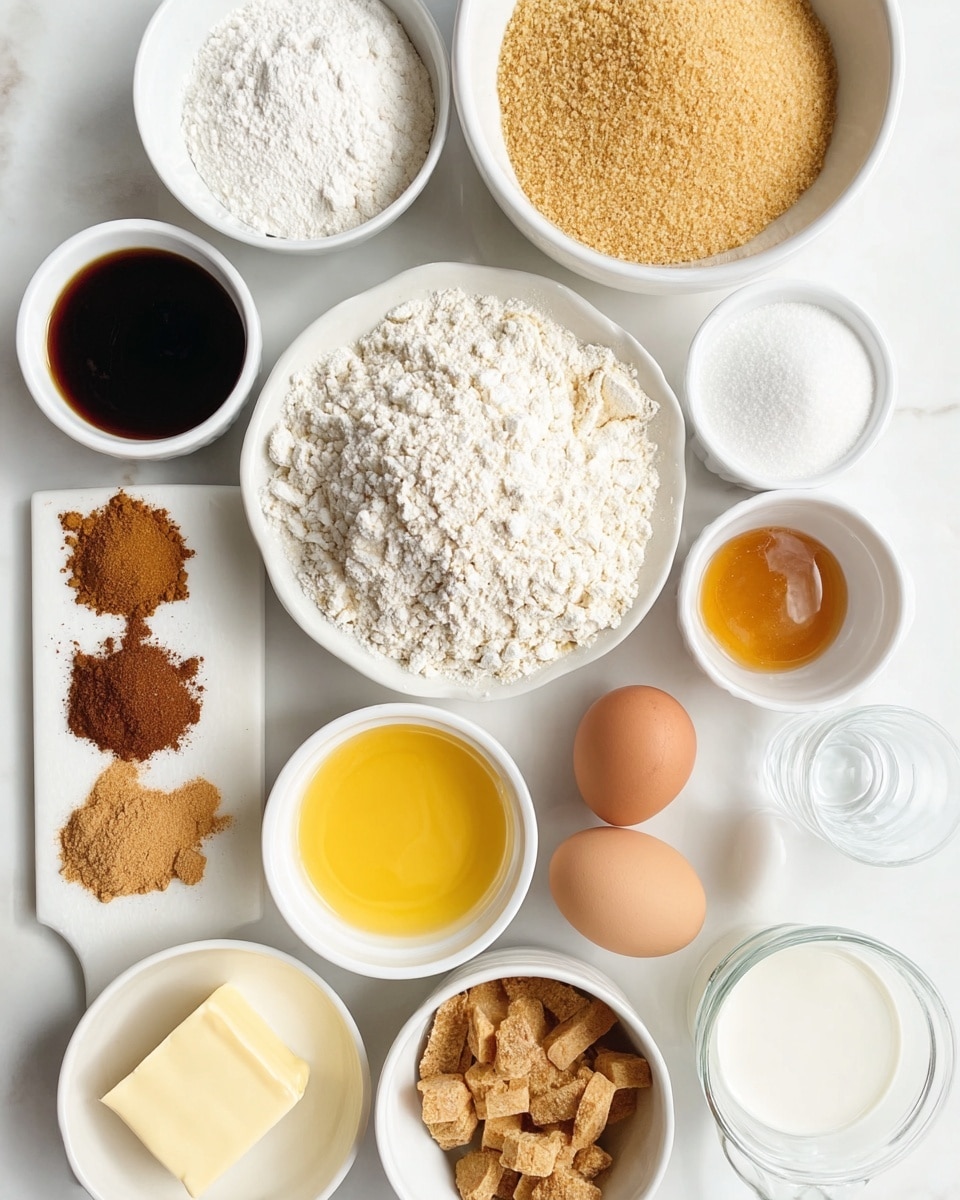 The image shows a neat arrangement of baking ingredients on a white marbled surface, all in white bowls except for a clear glass measuring cup. There are eleven bowls and two eggs placed in the center. The largest bowl on the right is filled with white flour. To its left, a bowl holds a white powder (powdered sugar), and above them, smaller bowls contain light brown sugar, dark syrup, and another light powder (possibly cornstarch). A small rectangular block of butter sits on a wooden board with five different ground spices lined up in small piles, ranging from brown and beige to white. Below, three bowls hold melted yellow butter, caramel-colored liquid, and brown sugar. Two eggs, one darker and one lighter, rest side by side near a bowl of a milky white liquid and a bowl of biscuit crumbs or crushed cookies. The glass measuring cup holds clear water. The setup is bright and clean. Photo taken with an iphone --ar 4:5 --v 7