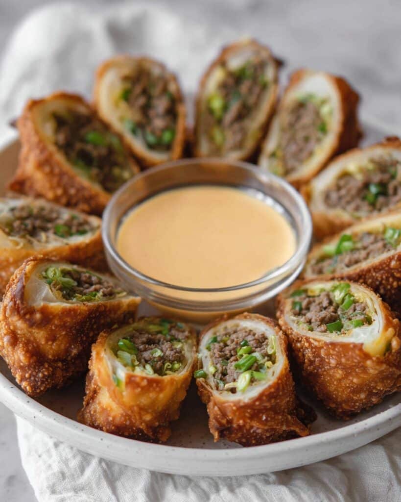 Philly Cheesesteak Egg Rolls with Cheesy Dipping Sauce Recipe