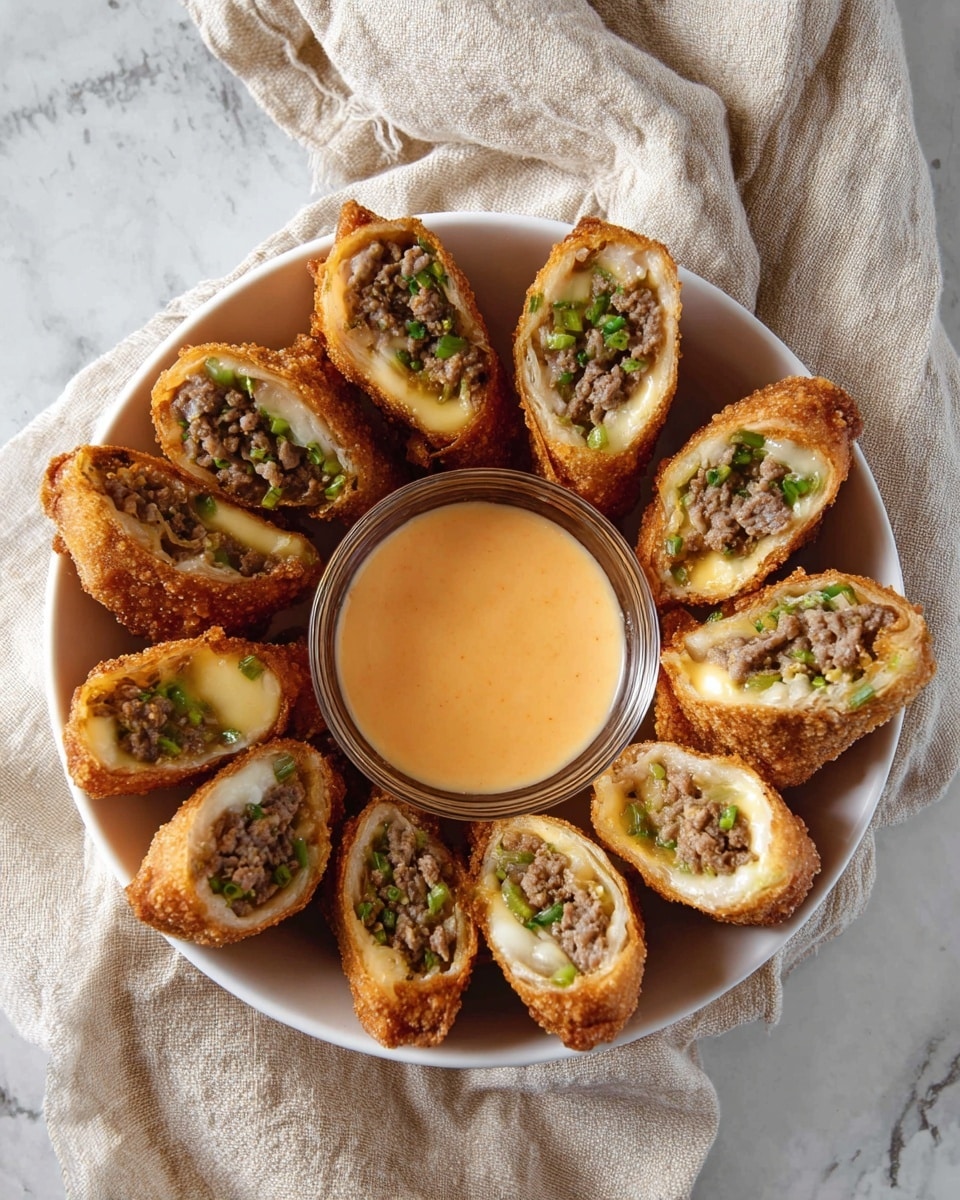 A white bowl filled with nine pieces of fried rolls cut in half, arranged in a circular pattern around a small glass bowl of light orange dipping sauce in the center. Each roll has a crispy golden-brown outer layer, with a filling showing two main layers: a bottom layer of melted white cheese and a top layer of cooked ground meat mixed with small pieces of green peppers and herbs. The bowl is placed on a wrinkled beige cloth on a white marbled surface. photo taken with an iphone --ar 4:5 --v 7