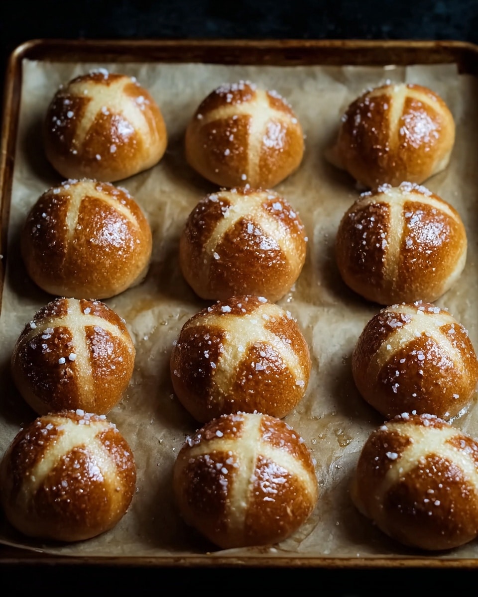 Thirteen round bread rolls are arranged in four rows on parchment paper over a baking tray. Each roll has a shiny, golden-brown crust with a cross scored on top that reveals a lighter cream color underneath. Coarse salt grains are sprinkled unevenly over the surface of the rolls, adding texture and a hint of sparkle. The scene is set against a dark, blurred background. photo taken with an iphone --ar 4:5 --v 7