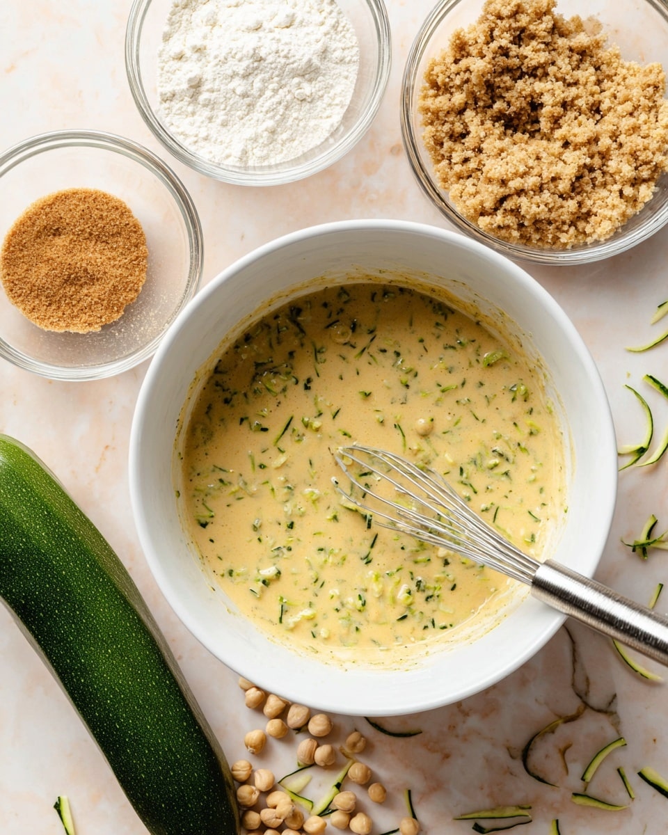 A white bowl filled with a light yellow-green batter mixed with small green zucchini bits, with a metal whisk resting inside. Surrounding the bowl are three smaller clear glass bowls: one with white flour mixed with brown powder, one with light brown crumbly sugar, and another white bowl filled with pale round chickpeas. A whole green zucchini lies on a white marbled surface with small scattered zucchini shreds around. photo taken with an iphone --ar 4:5 --v 7