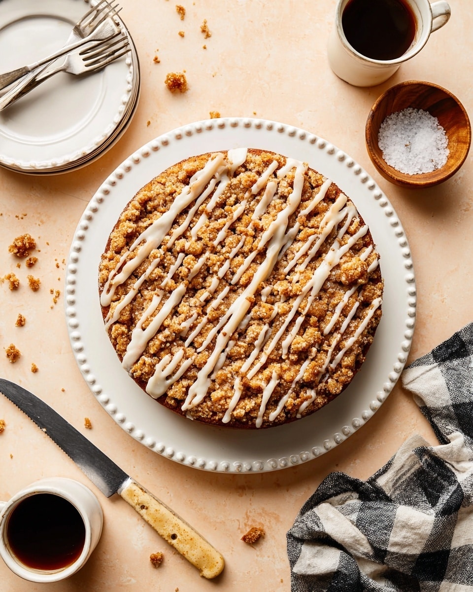 A round crumb cake sits in the center on a white plate with a raised dotted edge. The cake has a golden brown crumb topping with chunky, uneven clumps, and it is drizzled with a light cream-colored glaze in a loose zigzag pattern. The cake surface looks slightly rough and textured. Around the plate, there are crumbs scattered on a light peach surface. Near the cake, a knife with a light wooden handle lays horizontally, and there are two cups of dark coffee, one partly out of frame. A small wooden bowl with coarse salt is placed close to the cake. Two stacked white plates with a slightly scalloped edge hold two forks on the top left, and a black and white checkered cloth is partially visible on the right. Photo taken with an iphone --ar 4:5 --v 7