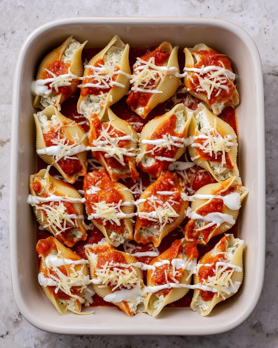 A white rectangular baking dish filled with about 16 large pasta shells arranged in two layers. Each shell is stuffed and topped with a bright red tomato sauce, a white creamy sauce drizzled unevenly, and shredded pale yellow cheese scattered on top. The pasta shells have a slightly ridged texture and a light golden color. The dish sits on a white marbled surface. Photo taken with an iphone --ar 4:5 --v 7