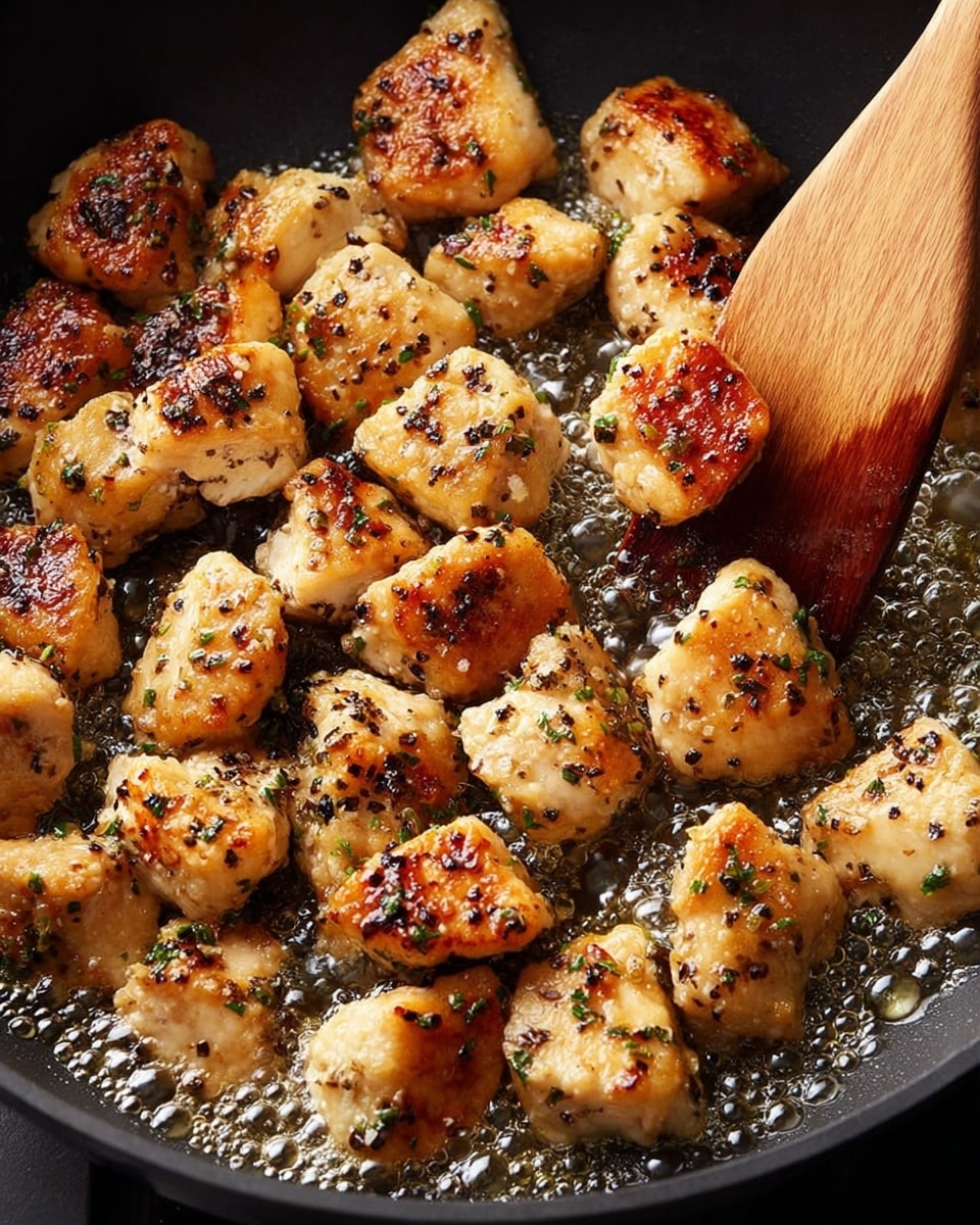 The image shows a close-up of small golden-brown chicken pieces cooking in a black pan. The chicken pieces have a crispy look with black pepper and small green herb bits sprinkled on top. The pan has bubbling oil around the chicken, making the pieces look shiny and well-cooked. On the right side of the pan, a wooden spatula is gently touching the chicken. The black pan contrasts with the bright chicken and oil, emphasizing the texture and color of the food. photo taken with an iphone --ar 4:5 --v 7