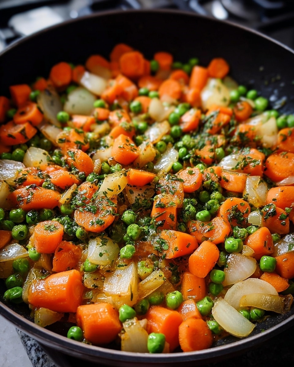 A close-up view of a black frying pan filled with cooked vegetables showing three layers: bright orange carrot slices, soft translucent white onion chunks, and vibrant green peas, all mixed together with bits of green herbs scattered evenly on top. The vegetables look shiny from oil, with slight golden-brown edges showing light cooking. The pan sits on a stove with blurred controls visible in the background. The surface underneath has been changed to a white marbled texture. photo taken with an iphone --ar 4:5 --v 7