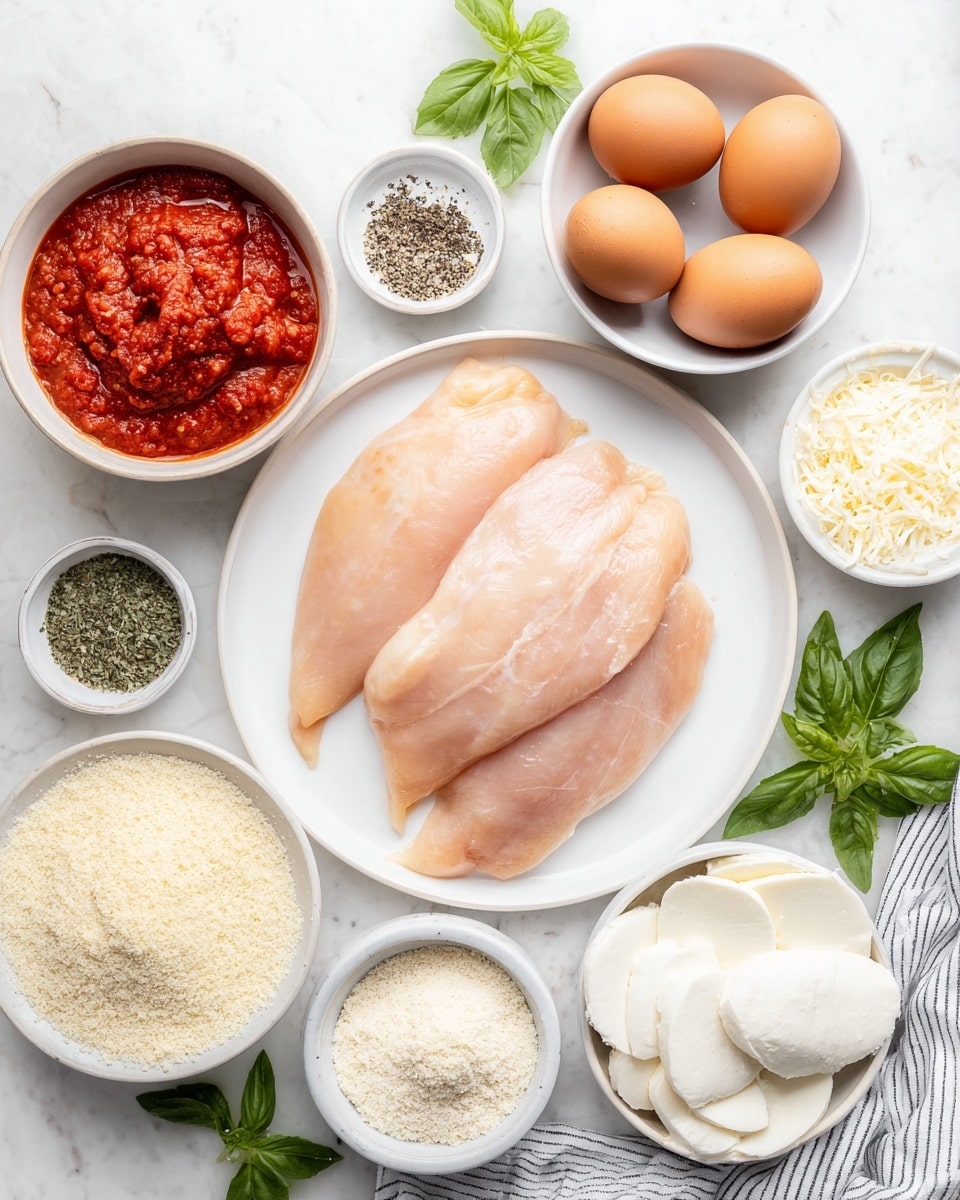 A white plate with three raw chicken fillets in the center, pale pink and smooth. Around the plate on a white marbled surface are several small white bowls filled with different ingredients: a bowl with red chunky tomato sauce at the bottom, slices of white fresh mozzarella cheese on the right partly covered by a striped cloth, a bowl with two brown eggs above the chicken, a bowl with white flour next to it, a bowl with mixed dried herbs near the mozzarella, a small bowl with white grated cheese on the left, a white bowl with coarse breadcrumbs above it, a small dish with black ground pepper on the top left. There are scattered green fresh basil leaves near the chicken and mozzarella. Photo taken with an iphone --ar 4:5 --v 7