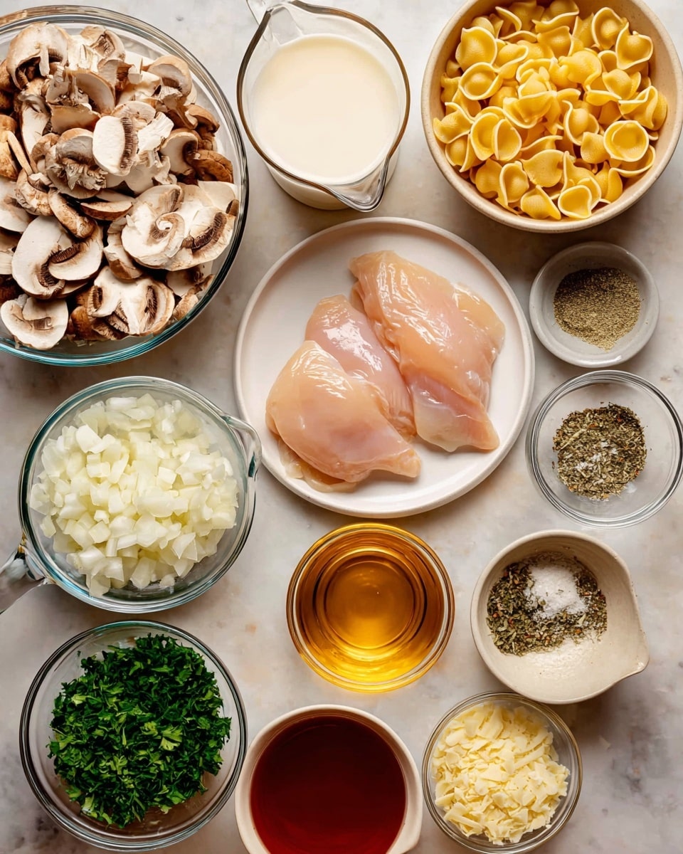The image shows a neat arrangement of cooking ingredients on a white marbled surface. In the center, there is a white plate with two raw chicken fillets, pale pink and smooth. Surrounding it are clear glass bowls with thinly sliced brown mushrooms and small yellow pasta shells with a rounded shape. Nearby, a beige bowl holds finely diced white onions, and a small white bowl contains fresh green chopped parsley. There are two glass measuring cups, one with creamy white milk and another with a light brown broth, and a third one with a dark reddish-brown liquid. Smaller white bowls hold a golden liquid, a finely grated pale cheese, white powder, and a mix of dried green herbs and coarse salt and pepper. Finally, a small clear bowl contains minced pale yellow garlic. All the items are evenly spaced and brightly lit, showcasing their colors and textures clearly. photo taken with an iphone --ar 4:5 --v 7