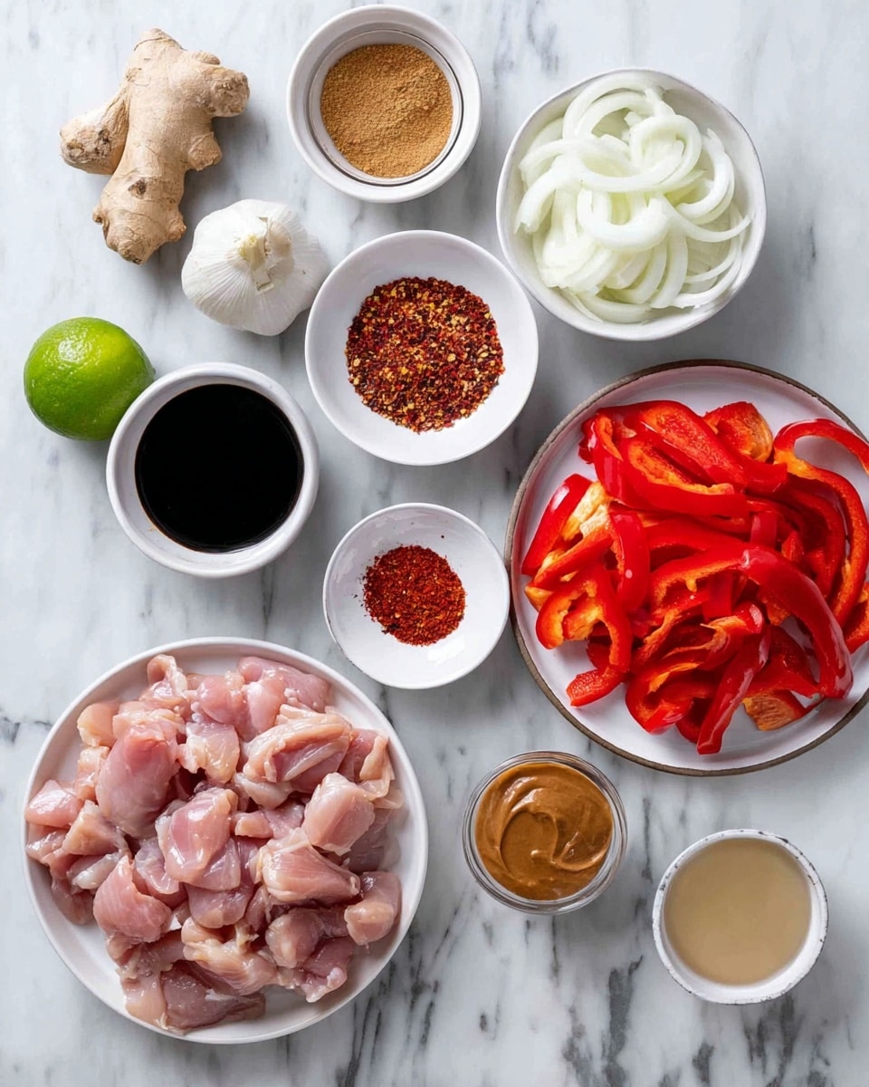 The image shows several white bowls and plates on a white marbled surface, each holding different cooking ingredients. One white plate is filled with raw pink chicken pieces arranged in a heap at the bottom left. To the right of this plate, another white plate holds bright red sliced bell peppers layered thickly. Above that, a small white bowl contains sliced white onions. Around the plates are small white bowls with various sauces and spices, including a dark brown soy-like sauce near the top center, a bowl of smooth brown peanut butter near the bottom, a bowl of reddish crushed chili flakes, a bowl with a light brown powder, and some light tan liquid in a few small bowls. Also present are two whole green limes, a head of garlic, and a piece of fresh ginger root placed near the center left. photo taken with an iphone --ar 4:5 --v 7