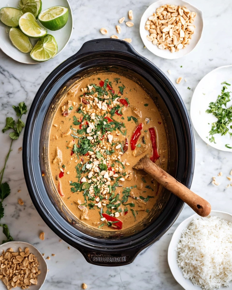 In the image, there is a large black slow cooker filled with a creamy light brown stew that has visible red pepper slices and chopped green herbs sprinkled on top, along with some crushed peanuts, the stew has a thick texture. A wooden spoon rests inside the cooker, partially submerged in the stew. Surrounding the slow cooker on a white marbled surface are four small white plates: one with lime wedges, one with crushed peanuts, one with chopped green herbs, and one with a pile of white rice. There are scattered bits of herbs and peanuts on the surface. Photo taken with an iphone --ar 4:5 --v 7