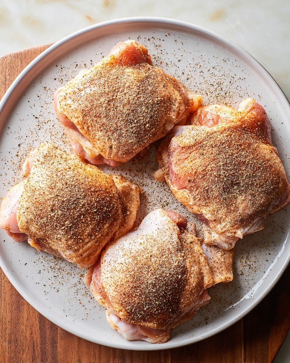 The image shows four pieces of raw chicken thighs on a round white plate. Each piece is sprinkled with a mix of spices that are light brown and darker brown in color, creating a coarse texture on the chicken skin. The chicken pieces vary slightly in size and are spaced evenly on the plate. Some seasoning has spilled onto the plate and the white marbled surface underneath. The lighting is bright and natural, highlighting the texture of the chicken and spices. Photo taken with an iphone --ar 4:5 --v 7