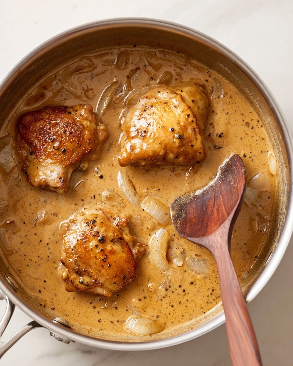 In a deep silver pot, there are three pieces of browned chicken thighs sitting in light brown, creamy sauce with visible black pepper specks and onion slices mixed in. The sauce looks smooth and thick, covering most of the chicken, which has a glossy texture with some darker seared spots. A wooden spoon with a rich brown finish lies inside the pot, half-covered by the sauce near the bottom right. The pot is placed on a white marbled surface photo taken with an iphone --ar 4:5 --v 7