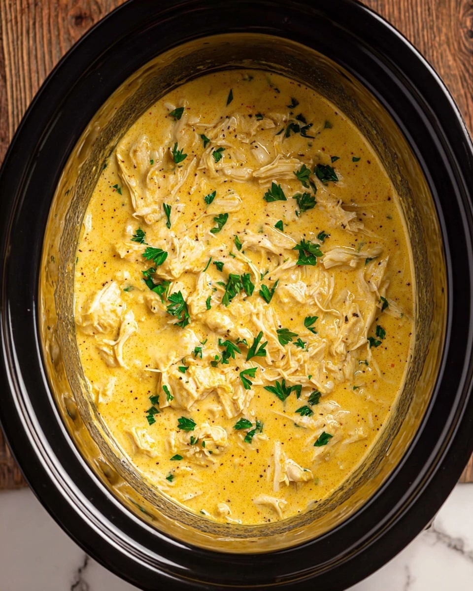 Inside a black slow cooker pot, there is a thick creamy yellow sauce with shredded pale yellow chicken dispersed evenly throughout. Small green parsley leaves are scattered on top, adding contrast to the smooth texture and color of the sauce. The sauce looks rich and glossy with a few visible black pepper specks. The slow cooker sits on a wooden surface with a white marbled texture in the background. photo taken with an iphone --ar 4:5 --v 7
