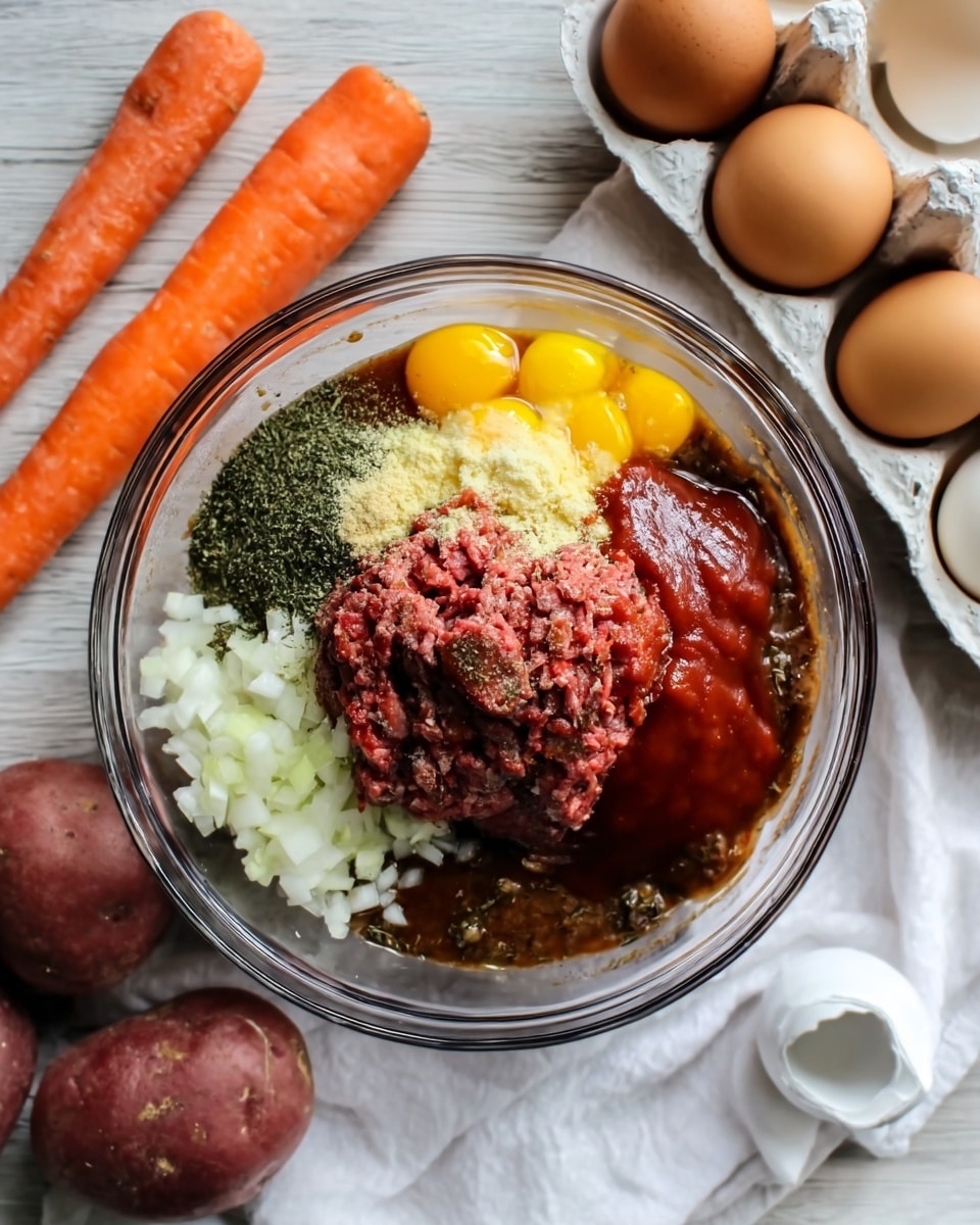 A clear glass bowl sits on a white marbled surface with a white cloth underneath. Inside the bowl, there are many layers: at the bottom is a thick brown sauce, topped with raw red ground meat in the center. On the left side, there are small white chopped onions, on the right side a red tomato sauce or ketchup, and on top of the meat are a few yellow egg yolks. There are dark green dried herbs sprinkled over the top and some light-colored breadcrumbs near the center. Around the bowl on the white marbled surface are small orange carrots and red potatoes, with some brown eggs in a white egg holder on the right side. Photo taken with an iphone --ar 4:5 --v 7