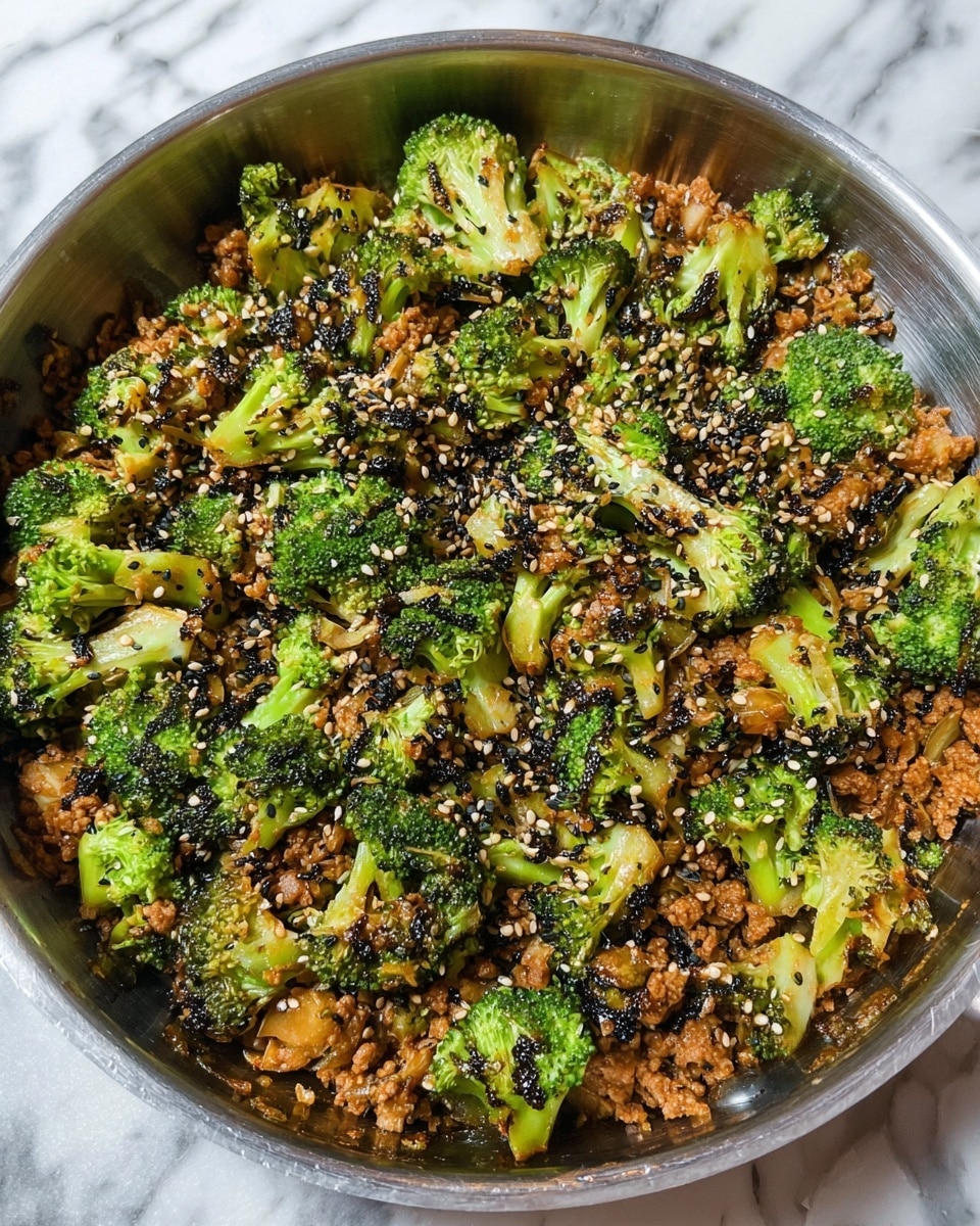 The image shows a cooked dish in a metal pan filled with two main layers. The bottom layer is a mix of browned minced meat with a slightly chunky texture, spread evenly across the pan. The top layer consists of bright green broccoli florets that have some grilled dark spots, giving them a slightly charred look. Both layers are mixed together with an even sprinkle of black and white sesame seeds scattered widely across the dish, adding texture contrast. The pan and surroundings rest on a white marbled surface. photo taken with an iphone --ar 4:5 --v 7