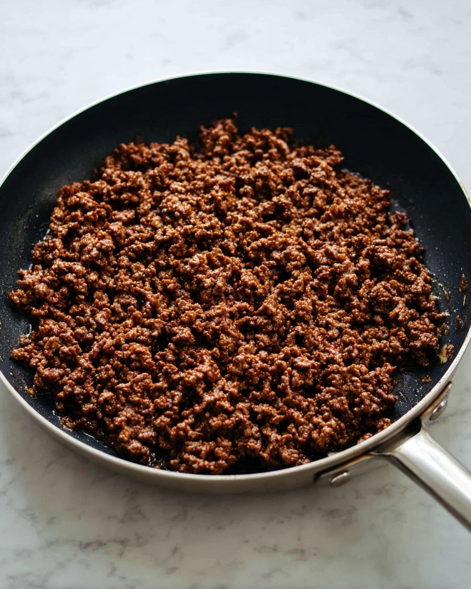 A black frying pan filled with cooked ground meat that is brown and crumbly, spread evenly across the pan's surface. The pan has a silver handle and sits on a white marbled surface. The texture of the meat shows small, irregular pieces with some visible lightly browned bits mixed in. Photo taken with an iphone --ar 4:5 --v 7