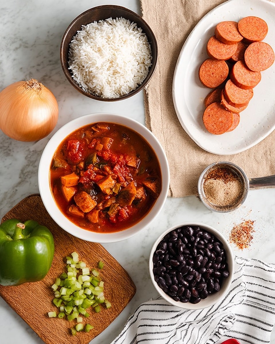 The image shows a white bowl filled with red tomato-based stew with chunks of vegetables or meat placed on a light brown cloth towards the top center. Below this, slightly right, is a white plate with sliced orange sausage pieces neatly spread out. To the left of the plate is a small black bowl filled with white rice, resting on the same light brown cloth. At the bottom left, a round wooden board holds a whole onion, a half green bell pepper, and some small diced green bell pepper pieces. On the bottom right, a white ceramic bowl full of black beans sits on a white cloth with black stripes. To the right on the white marbled surface, a small metal cup of powdered spice and a red spoon with a small amount of ground spice rest nearby. Photo taken with an iphone --ar 4:5 --v 7