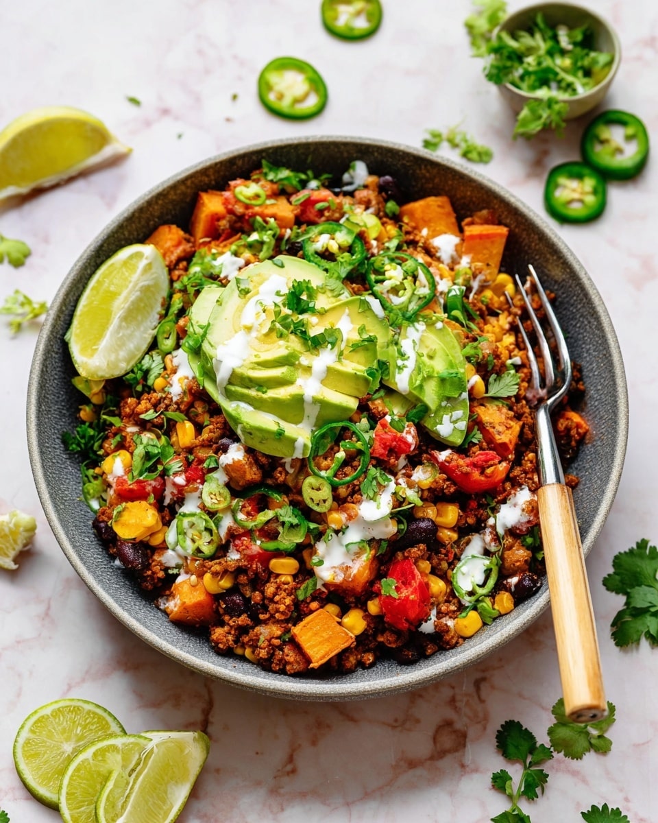 A bowl filled with about three layers of food sits on a white marbled surface. The bottom layer is a mix of cooked ground meat with diced orange sweet potatoes, dark beans, yellow corn, and chopped red tomatoes, creating a colorful, chunky base. On top of this is a layer of fresh green avocado slices and scattered bright green chopped herbs like cilantro and green onion. White sour cream is drizzled over the whole dish. A wedge of lime rests on one side of the bowl. A fork with a wooden handle leans on the bowl’s right side. Around the bowl, there are scattered slices of lime, jalapeño, and sprigs of fresh herbs. Photo taken with an iphone --ar 4:5 --v 7