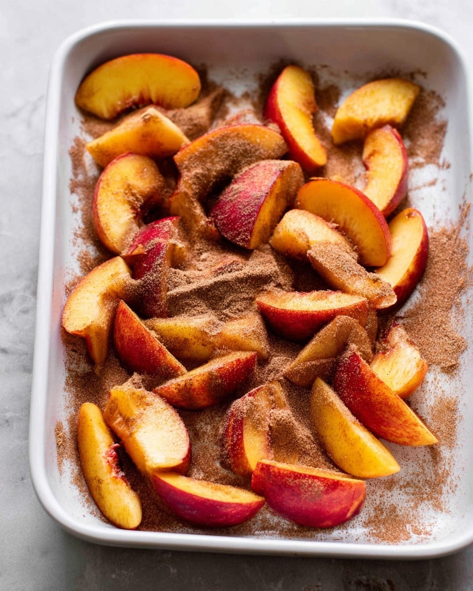 The image shows a white baking tray on a white marbled surface, filled with sliced peaches arranged in uneven layers. The peach slices are vibrant orange-yellow with red edges. A light brown powder, likely cinnamon, is sprinkled thickly over the peach slices, adding a textured look to the smooth fruit. The slices are arranged so some overlap, showing both the soft inside and the slightly glossy, smooth skin. The light in the image is soft, enhancing the warm colors of the fruit and spice. Photo taken with an iphone --ar 4:5 --v 7