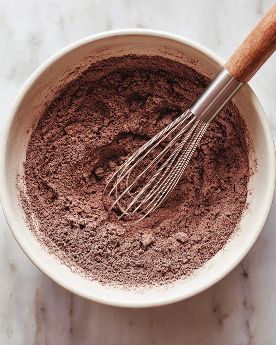 A top view of a white bowl filled with dry chocolate powder mixture, showing a slightly uneven, soft texture with small clumps. A metal whisk with a wooden handle is placed inside the bowl, resting on the mixture, stirring it. The bowl sits on a white marbled surface. photo taken with an iphone --ar 4:5 --v 7