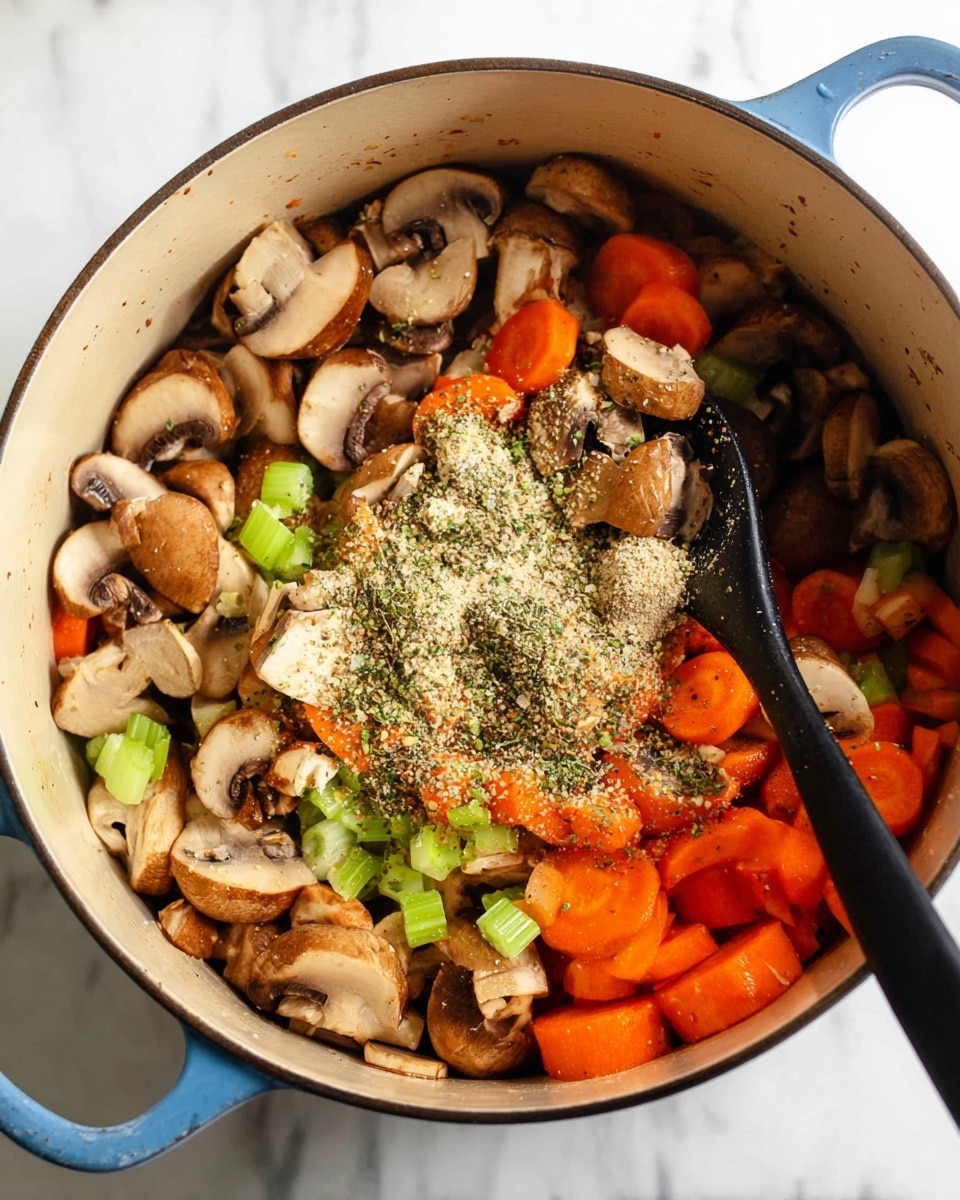 A close-up top view of a large pot filled with sliced brown mushrooms, bright orange carrot rounds, and chopped green celery pieces, all mixed together with small bits of onion. On top of the vegetables, a pile of mixed dried herbs and spices, light beige in color, is added near the center. A black spoon is partly sunk into the mix, its handle standing upright. The pot is white inside with a blue handle, sitting on a white marbled surface. photo taken with an iphone --ar 4:5 --v 7