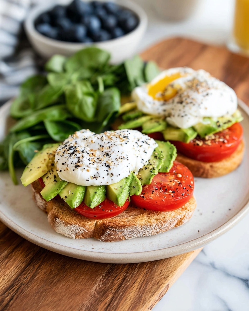 Two slices of toasted bread act as the base on a round white plate, which sits on a wooden board over a white marbled surface. Each toast slice is topped with a layer of neatly sliced, bright green avocado and a layer of red tomato slices. On top of the tomato on each slice is a white poached egg sprinkled generously with black and white seeds and seasoning. On the side of the toast is a bunch of fresh green leafy spinach. In the background, a blurred bowl of dark blue blueberries is partially visible. photo taken with an iphone --ar 4:5 --v 7