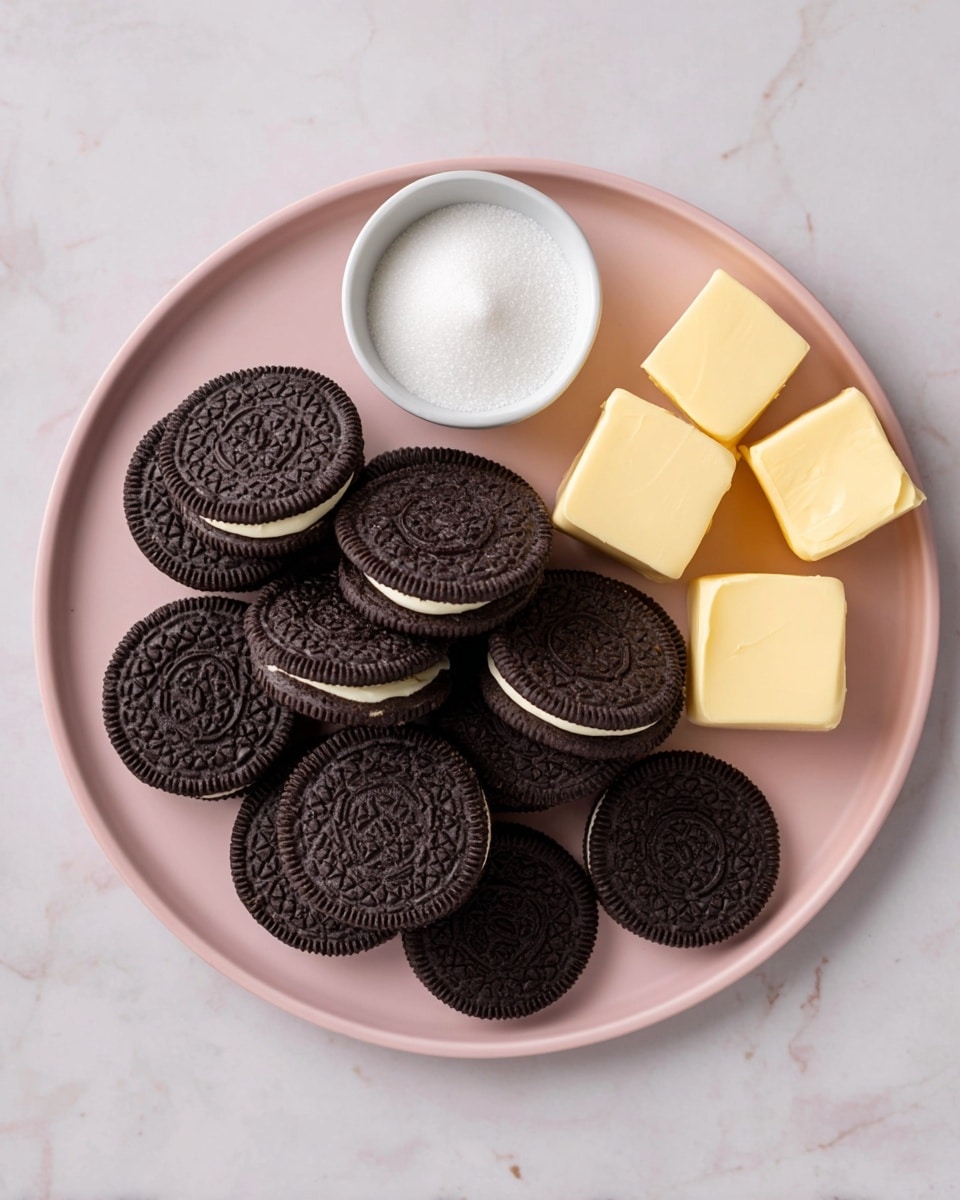 The image shows a round pale pink plate on a white marbled surface, filled with several stacked dark chocolate sandwich cookies with white cream filling, arranged in a loose pile mainly on the right side of the plate; on the left side, there is a small white bowl containing white granulated sugar, next to three cubes of pale yellow butter. Photo taken with an iphone --ar 4:5 --v 7