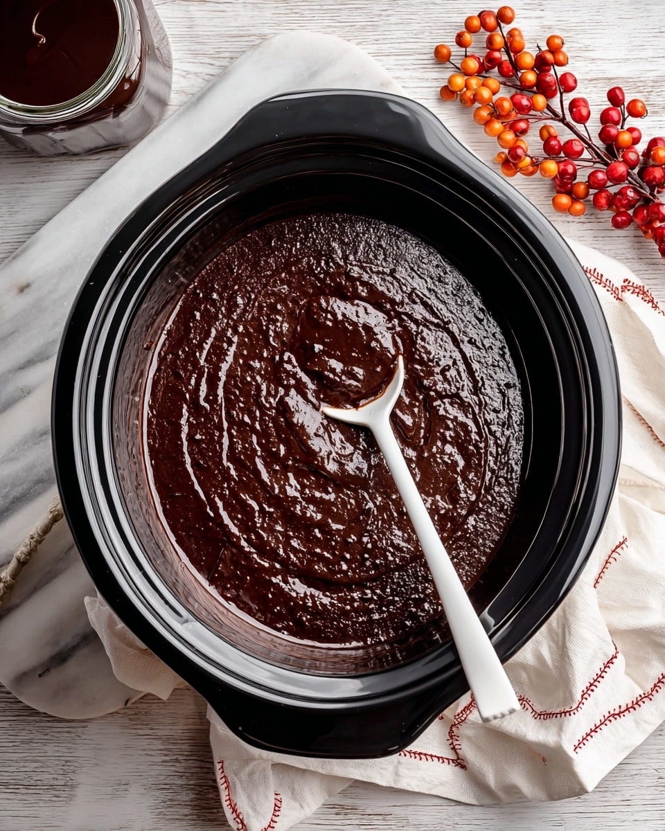 A large black slow cooker filled with thick, dark brown melted chocolate, showing a slightly uneven but rich texture on top; a white spoon with a bit of the chocolate coating its inside rests dipped in the chocolate on the right side of the cooker. The cooker is placed on a white marbled wooden surface with a glass jar filled with more dark chocolate on the upper left. Near the slow cooker, on the right, is a white cloth napkin with red stitching on the edges, and above it, a small bunch of red and orange berries adds a touch of color to the scene. photo taken with an iphone --ar 4:5 --v 7