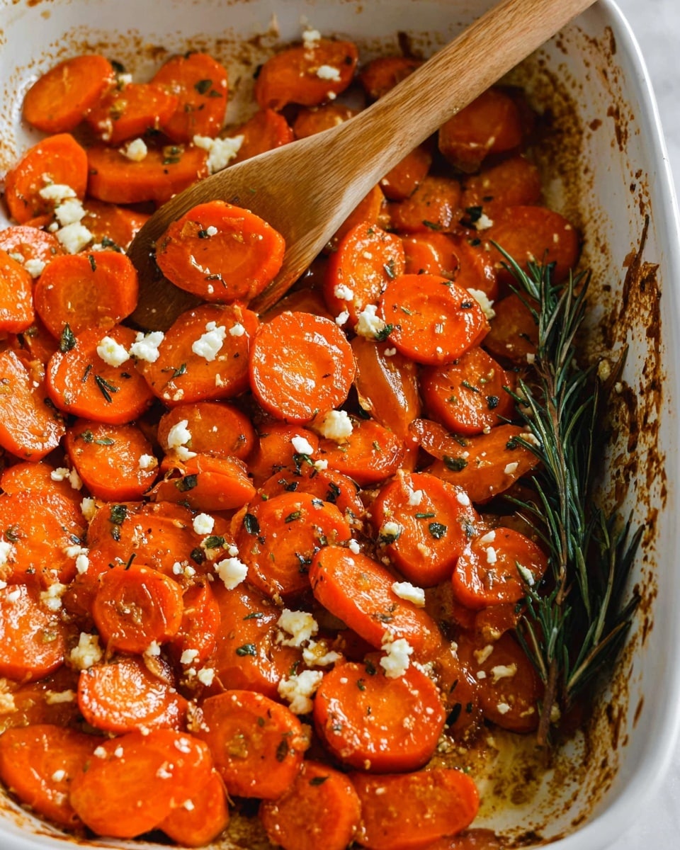 A close-up view of many orange carrot slices cooked and scattered in a white baking dish. The carrot slices show a soft, slightly browned texture with bits of white crumbled cheese and small green herbs sprinkled on top. A wooden spoon is placed inside the dish, partially stirring the carrots, with a sprig of fresh rosemary resting on the side. The white baking dish has some brown cooked marks around the edges, showing the carrots have been roasted. The background is a white marbled texture. photo taken with an iphone --ar 4:5 --v 7