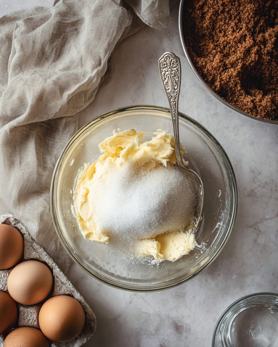 A clear glass bowl holds a mix of soft light yellow butter at the bottom layer, topped with a heap of fine white sugar crystals in the center. A silver spoon with ornate patterns stands upright in the bowl, partially buried in the ingredients. To the left of the bowl, a soft beige cloth lies casually, with three brown eggs in a light gray carton partially visible at the bottom left. Nearby, a transparent glass with a bit of water sits on the right, while the top right corner shows a round pan filled with a dark brown crumbly layer. All items are arranged on a white marbled surface. Photo taken with an iphone --ar 4:5 --v 7